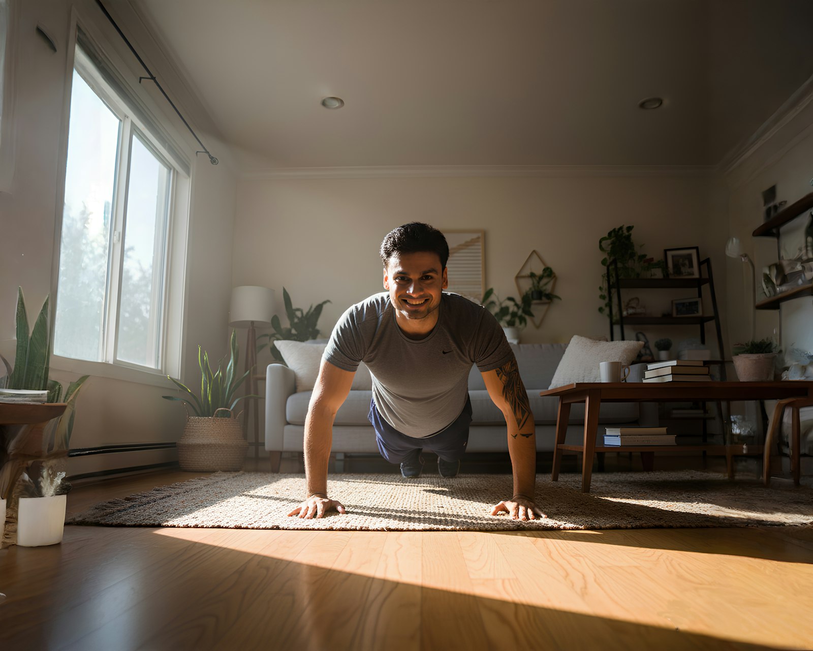 A man doing push-ups in a sunlit living room